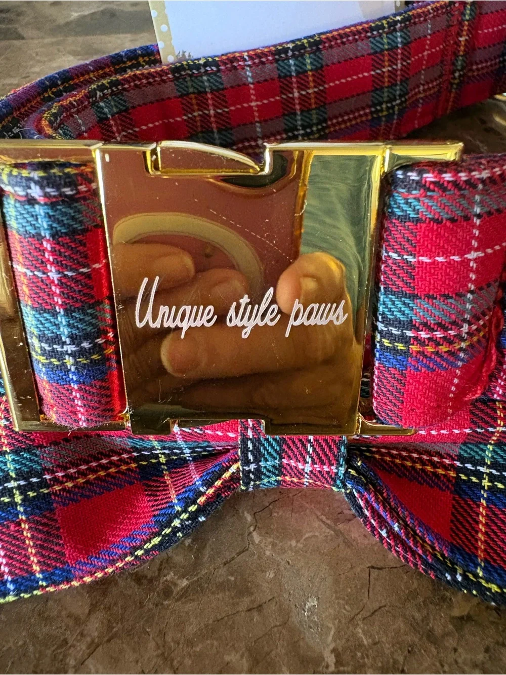 Christmas NWT Dog Collar with Bow Tie Plaid for X-Large Dog with gold hardware.